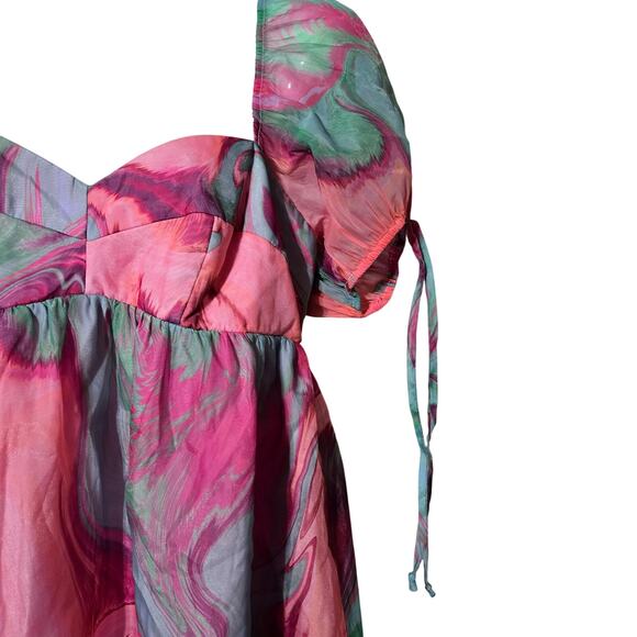 Amanda Uprichard L Women's Puff Sleeve Min Dress Sheer Seike Style Babydoll Boho - Picture 10 of 12